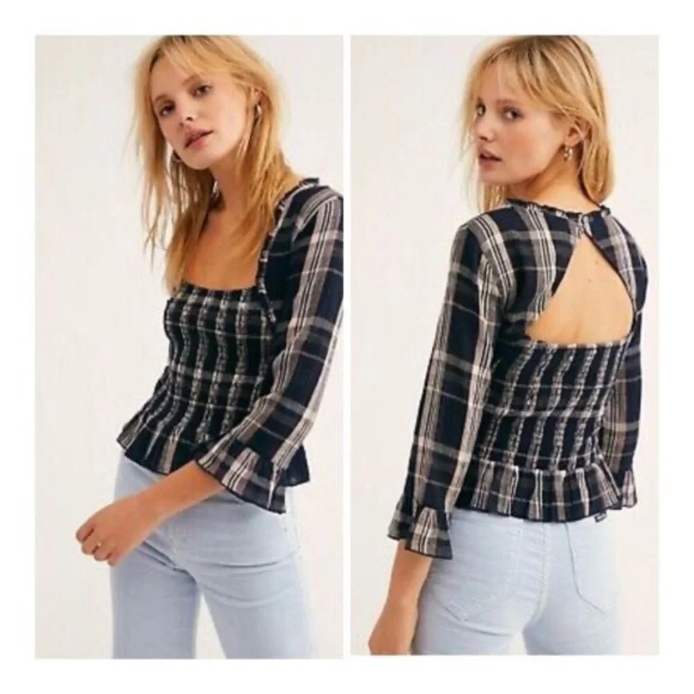 Free People Shirred w Elastic Blue Plaid Long-Sleeved Smocked Plaid Crop Shirt